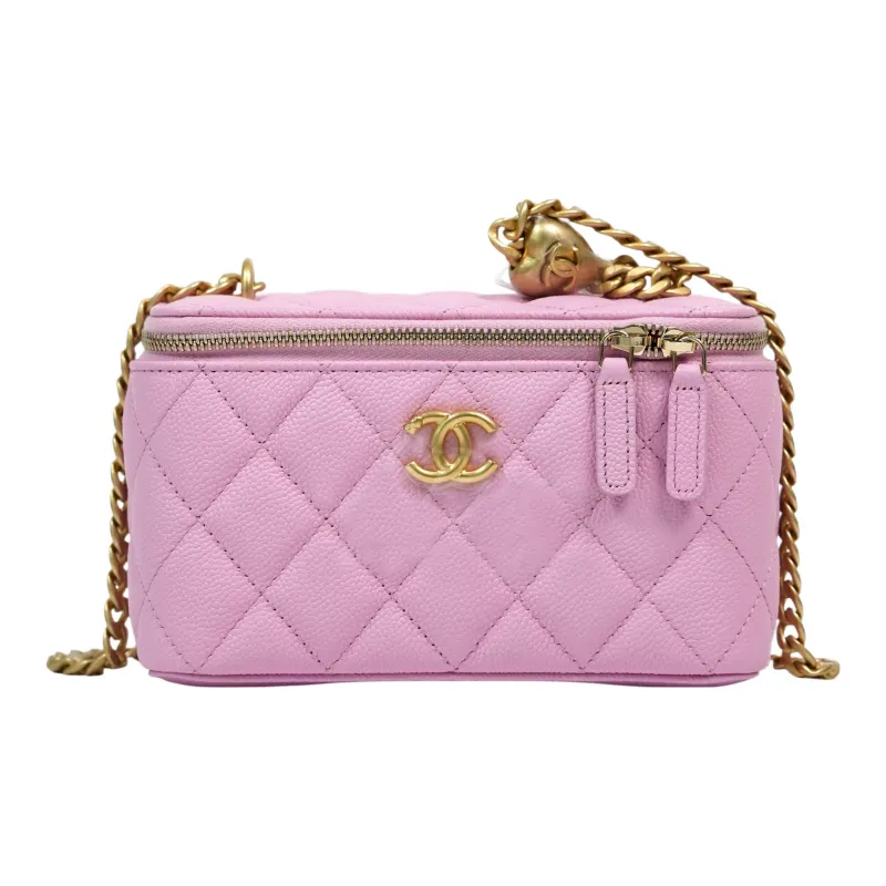CHANEL 23P SS Litchi Grain Cow Leather Box Bag, Makeup Bag, Shoulder Bag, Crossbody Bag Medium Size Women's Pink-0