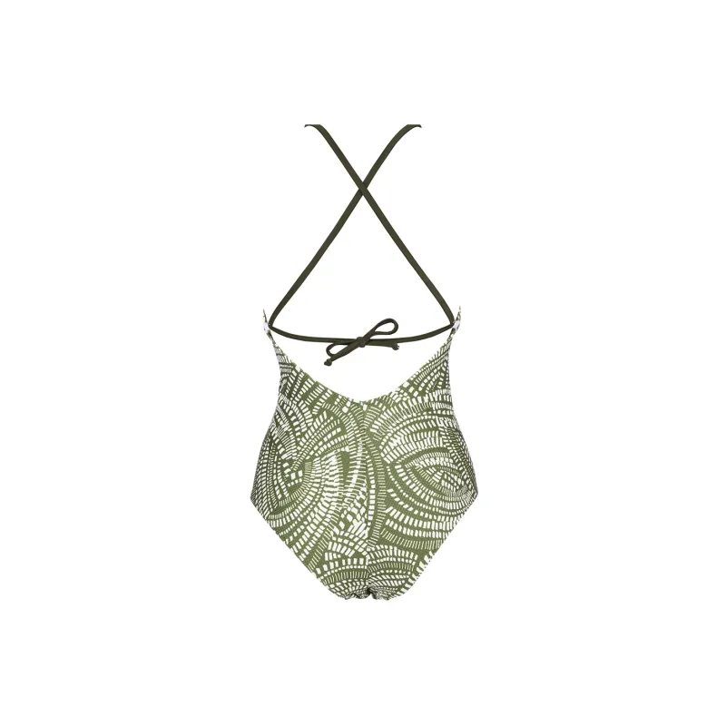 Selmark Women's Geometric Pattern Open Back Triangle One-Piece Swimsuit Beige-1