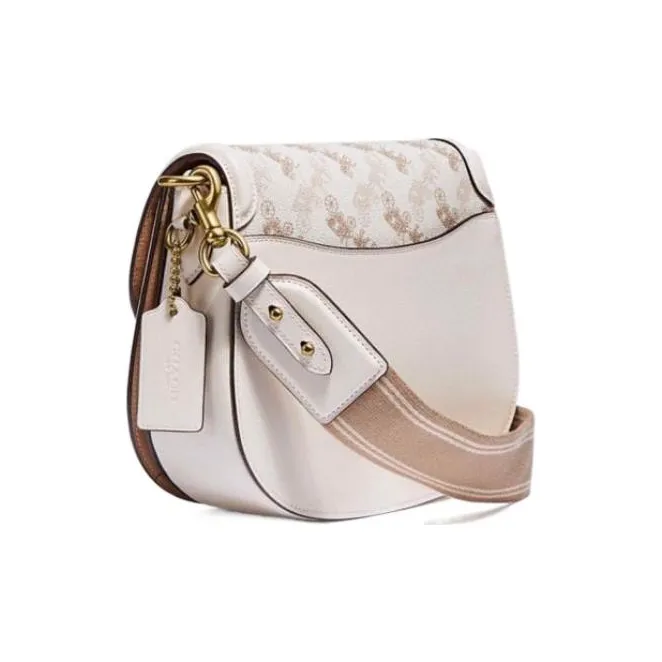 COACH Beat Canvas With Leather Saddle Bag, Shoulder Bag, Crossbody Bag Small Size Women's White Brown-1