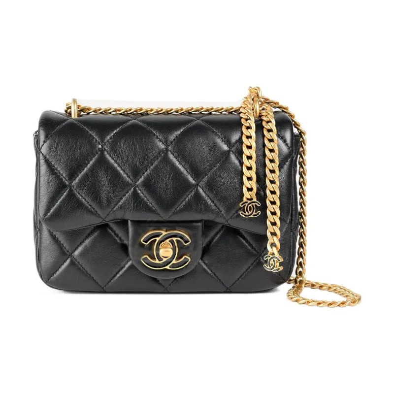 CHANEL Classic Flap CF Mini Square Flap Bag In Sheepskin Flap Bag, Shoulder Bag, Crossbody Bag Trumpets Women's Black-0