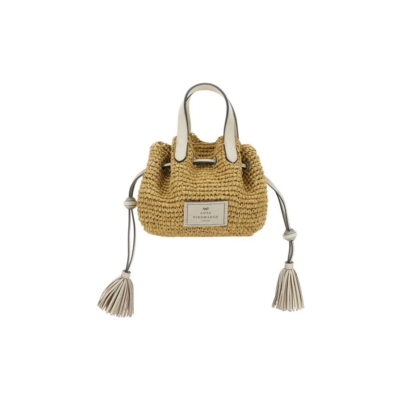 Anya Hindmarch Straw Patchwork Sheepskin Leather Crossbody One Shoulder Handbags Women's Light Brown-0