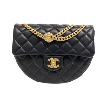 CHANEL Lambskin Half Moon Messenger Bag Saddle Bag Chain Shoulder Bag Crossbody Bag Small Size Women's Black
