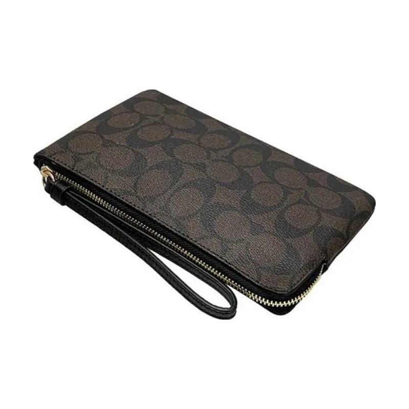 COACH Corner Zip Canvas With Leather Pochette Clutch Tubas Women's Black Brown-3