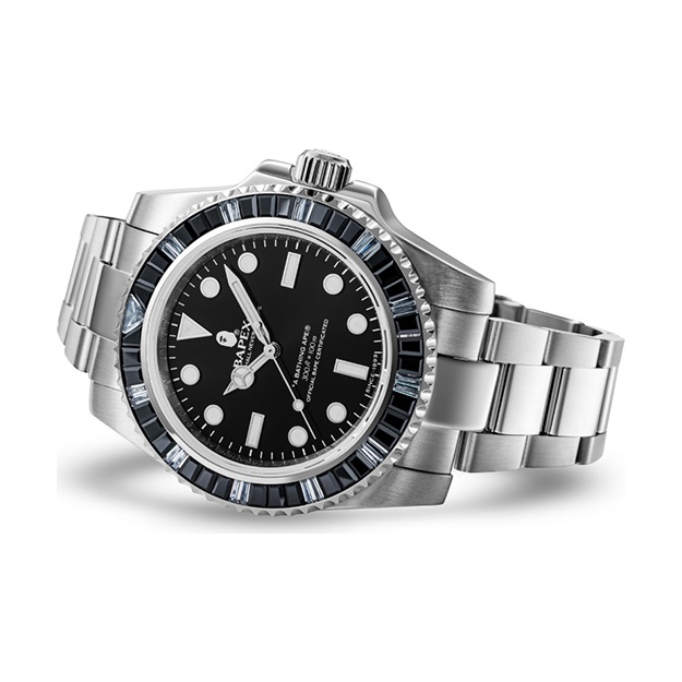 A BATHING APE Type 1 Bapex Crystal Stone Watch Silver White