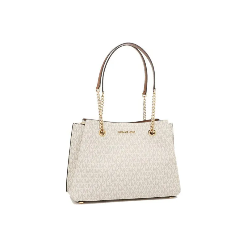 MICHAEL KORS Teagen Canvas Handbag Shoulder Bag Women's Vanilla White & Brown-3