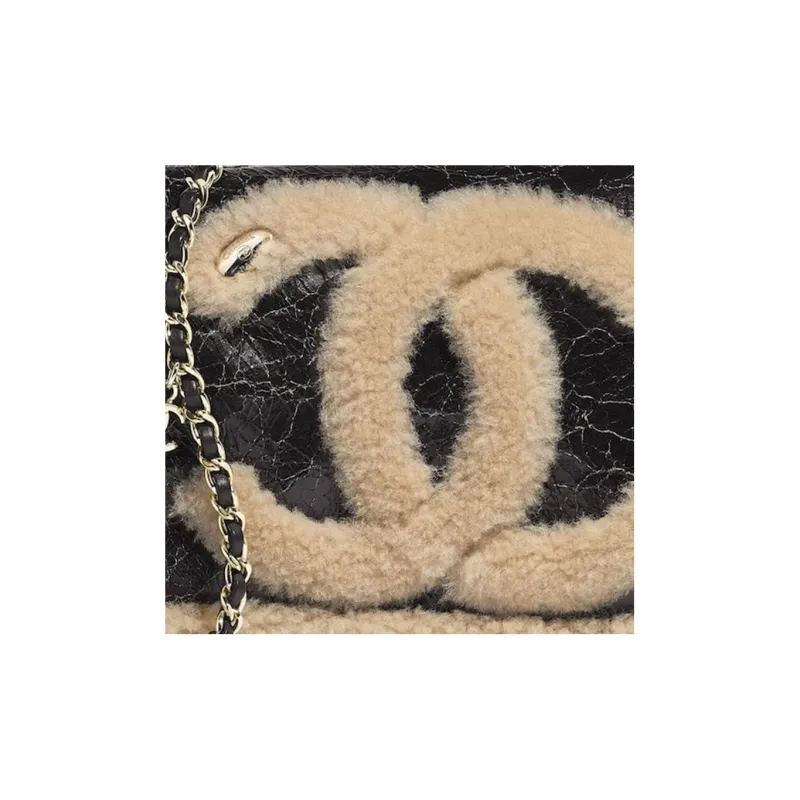 CHANEL Shear Sheepskin And Combine With Wool Flap Bag, Shoulder Bag, Crossbody Bag Women's Black & Beige-5