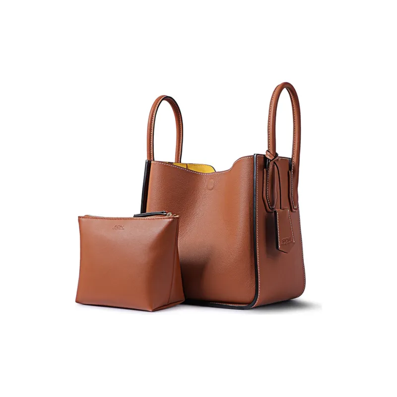 FION Cow Leather Bucket Bag Medium Size Women's Black, White Cream Apricot-7