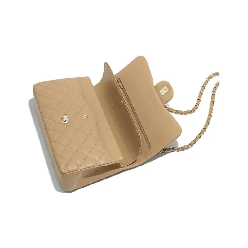 CHANEL Classic Flap CF Grain Calfskin Shoulder Bag, Crossbody Bag Tubas Women's Beige-2