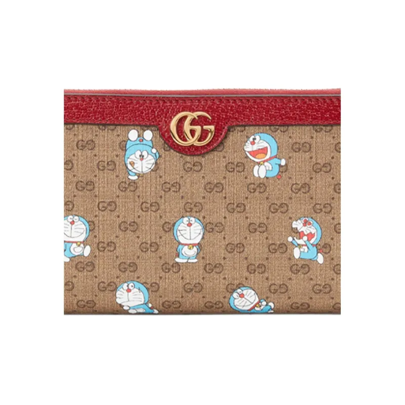 GUCCI Doraemon Collaboration Canvas With Leather Long Zip Closure Wallet Unisex Ebony/Red-4