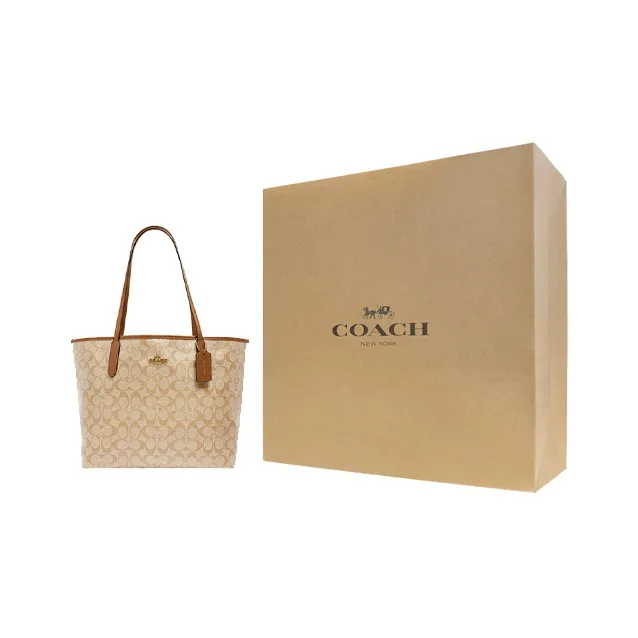 COACH City Coated Canvas With Leather Tote Bag Shopping Bag Shoulder Bag Handbag Women's Milk Tea Beige-5