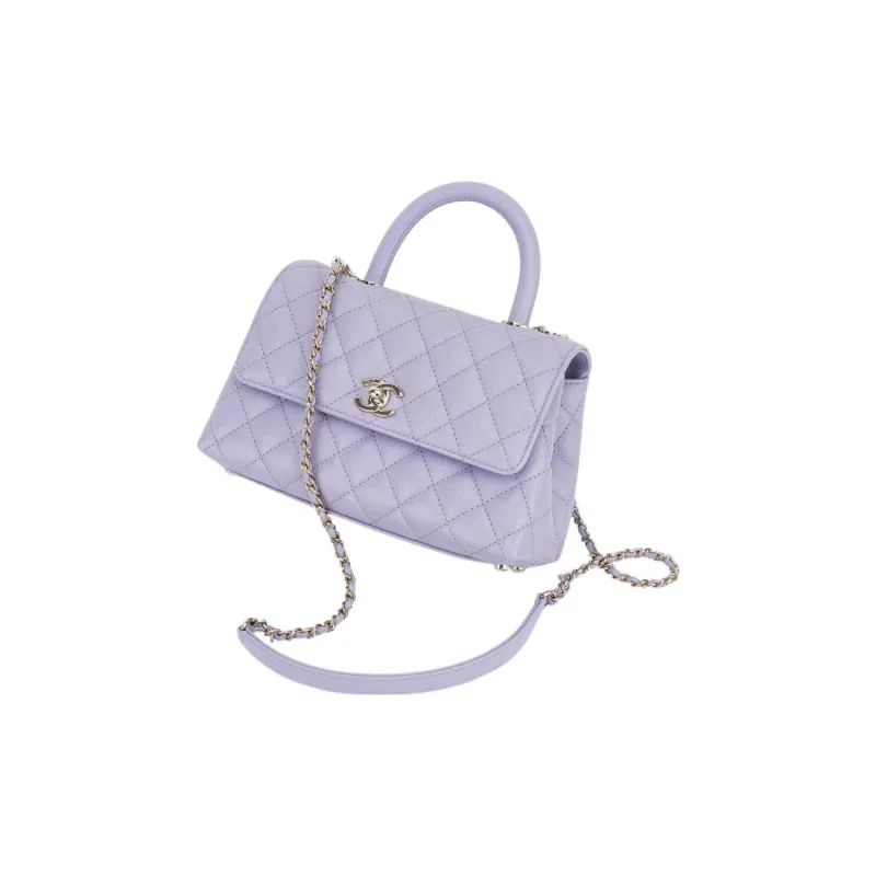CHANEL Coco Handle Embossed Caviar Cow Leather Flap Bag, One Shoulder Handbag Trumpets Women's Light Purple-1