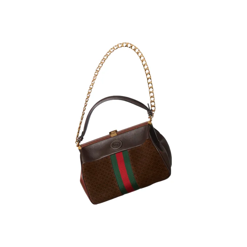 GUCCI Suede Handbag Small Size Women's Green/Red-1