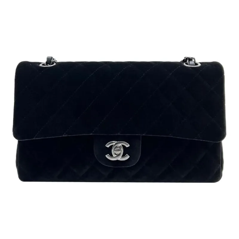 CHANEL Classic Flap CF Velvet Handbag, Shoulder Bag, Crossbody Bag Medium Size Women's Black-0
