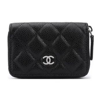 CHANEL Grained Calfskin Card Holder Wallet Women's Black
