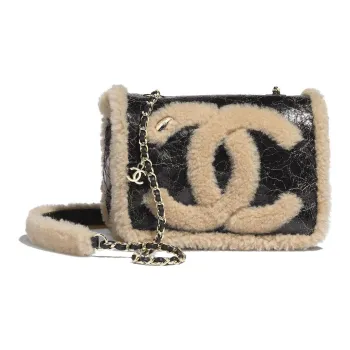 CHANEL Shear Sheepskin And Combine With Wool Flap Bag, Shoulder Bag, Crossbody Bag Women's Black & Beige