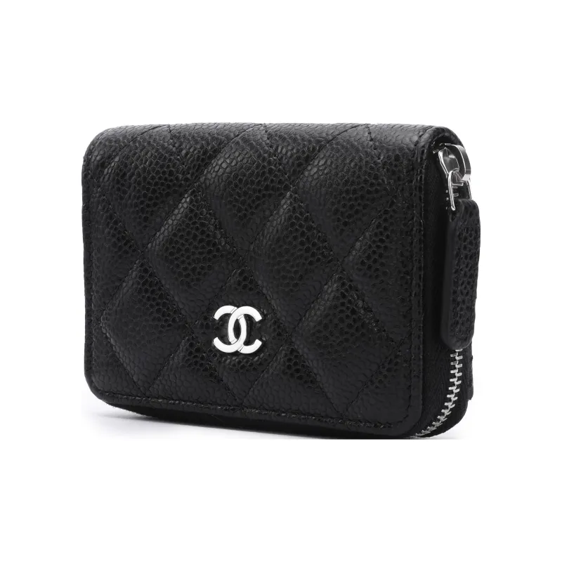CHANEL Litchi Grain Calfskin Card Holder, Wallet Women's Black-1