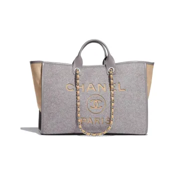 CHANEL Felt Calfskin Tote Bag Shopping Bag Handbag Large Size Women's Gray
