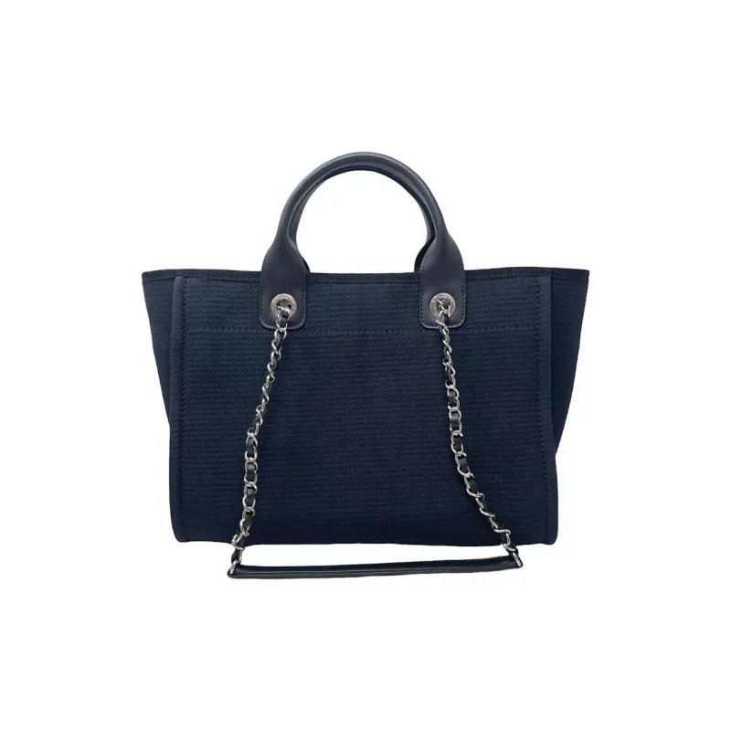 CHANEL Canvas Tote Bag, Shopping Bag, Canvas Bag, One Shoulder Handbag Trumpets Women's Dark Blue-1