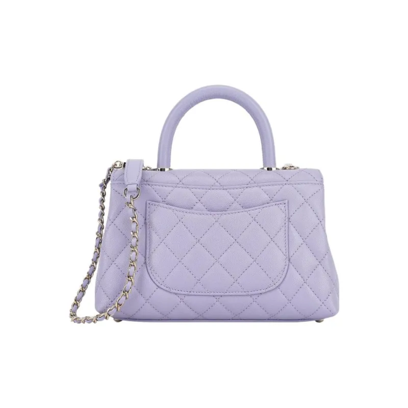 CHANEL Coco Handle Embossed Caviar Cow Leather Flap Bag, One Shoulder Handbag Trumpets Women's Light Purple-2