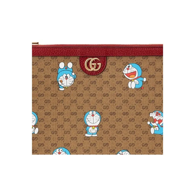 GUCCI Doraemon Doraemon Collaboration Canvas With Leather Clutch Regular Unisex Ebony/Red-5