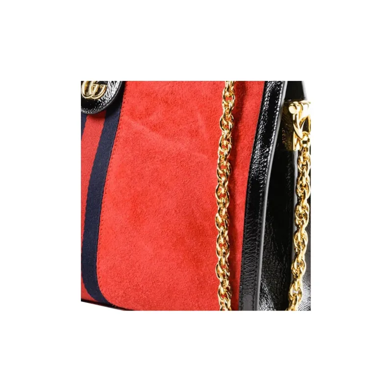 GUCCI Ophidia Suede Painted Leather Trim Shoulder Bag Crossbody Bag Medium Size Women's Red/Black-6