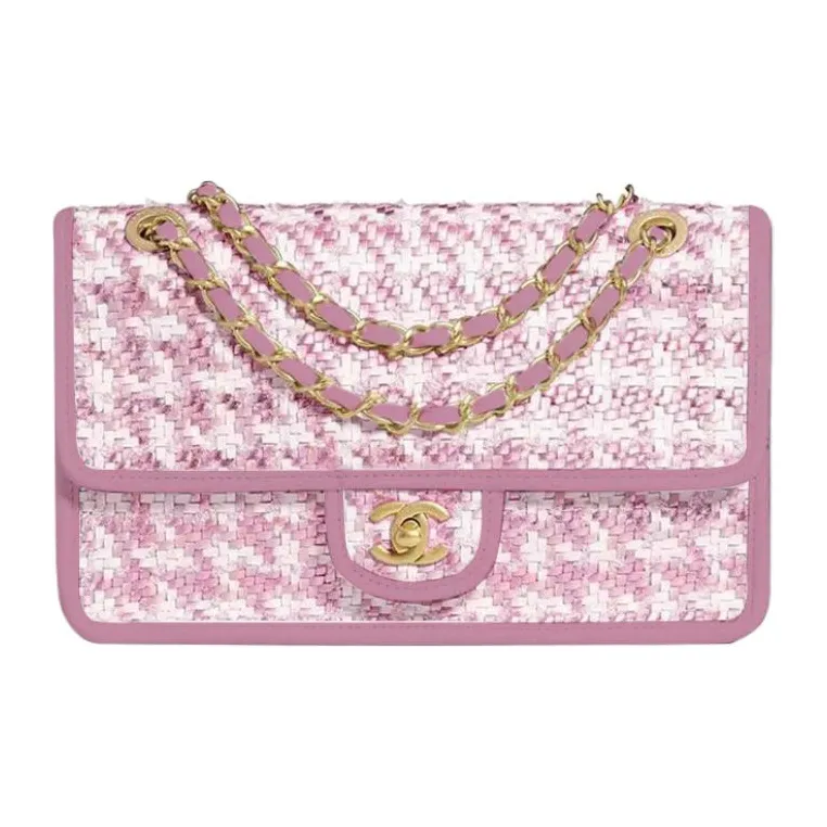 CHANEL 23C Early Spring Lambskin Flap Bag, Crossbody Bag, Shoulder Bag Medium Size Women's Gold & Pink-0