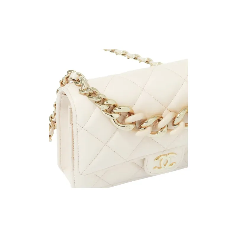 CHANEL WOC Lambskin Flap Bag Wallet On Chain, Small Square Bag, Shoulder Bag, Crossbody Bag Women's Beige-2