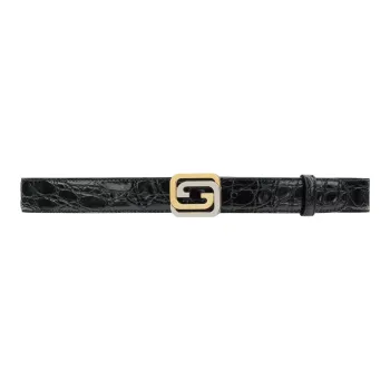 GUCCI Double G Interlocking Buckle Logo Plate Buckle Crocodile Leather Leather Belts Men's