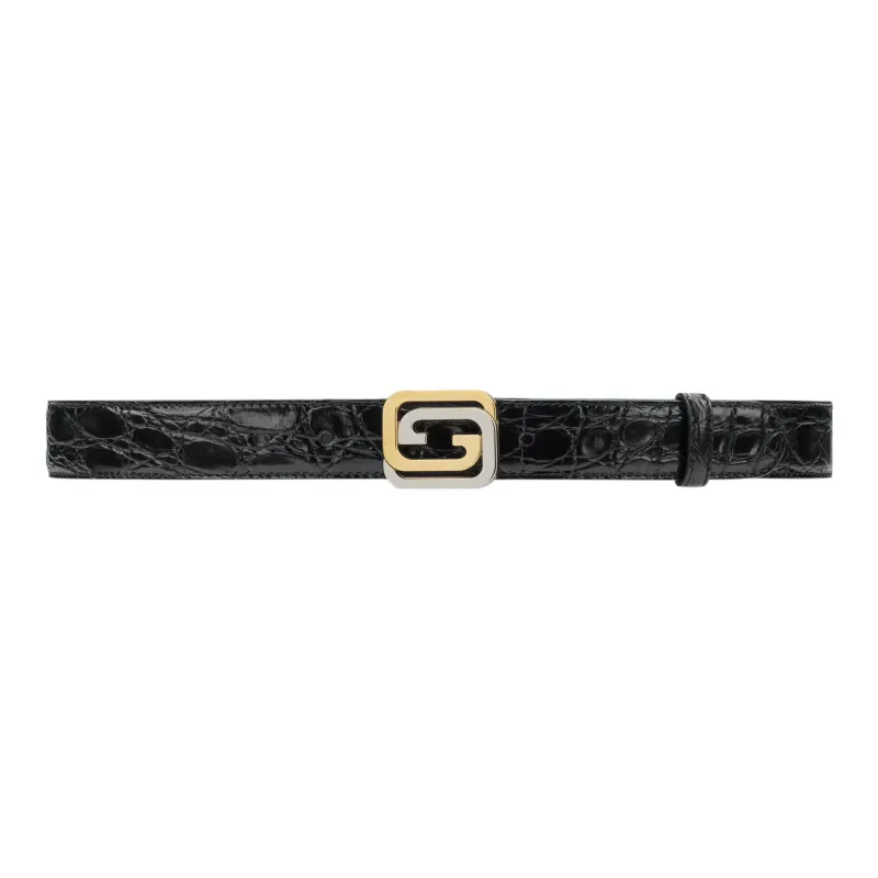 GUCCI Double G Interlocking Buckle Logo Plate Buckle Crocodile Leather Leather Belts Men's-0
