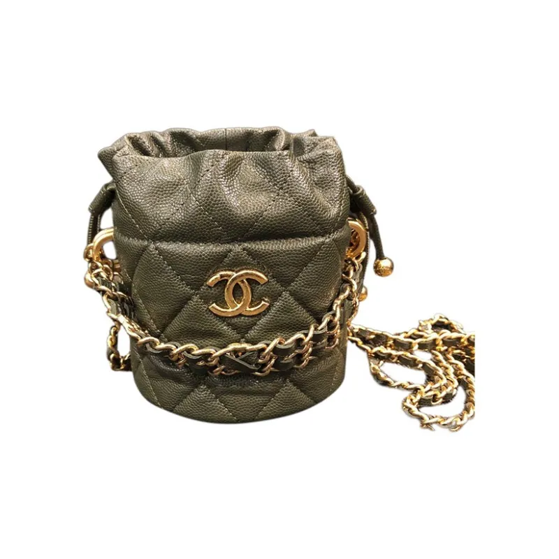 CHANEL 22K Autumn And Winter Grain Embossed Calfskin Bucket Bag, One Shoulder Crossbody Clutch Women's Olive Green-1