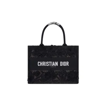 DIOR BookTote Lace Embroidery Tote Bag Shopping Bag Handbag Medium Size Women's Black