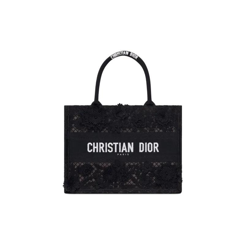 DIOR BookTote Lace Embroidery Tote Bag Shopping Bag Handbag Medium Size Women's Black-0