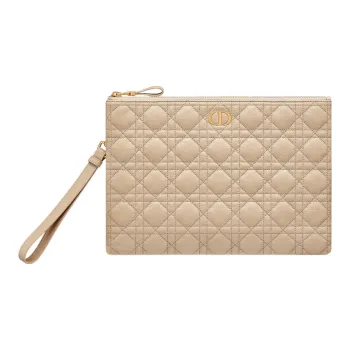 DIOR Caro Calfskin Handbag Clutch Large Size Women's Sand