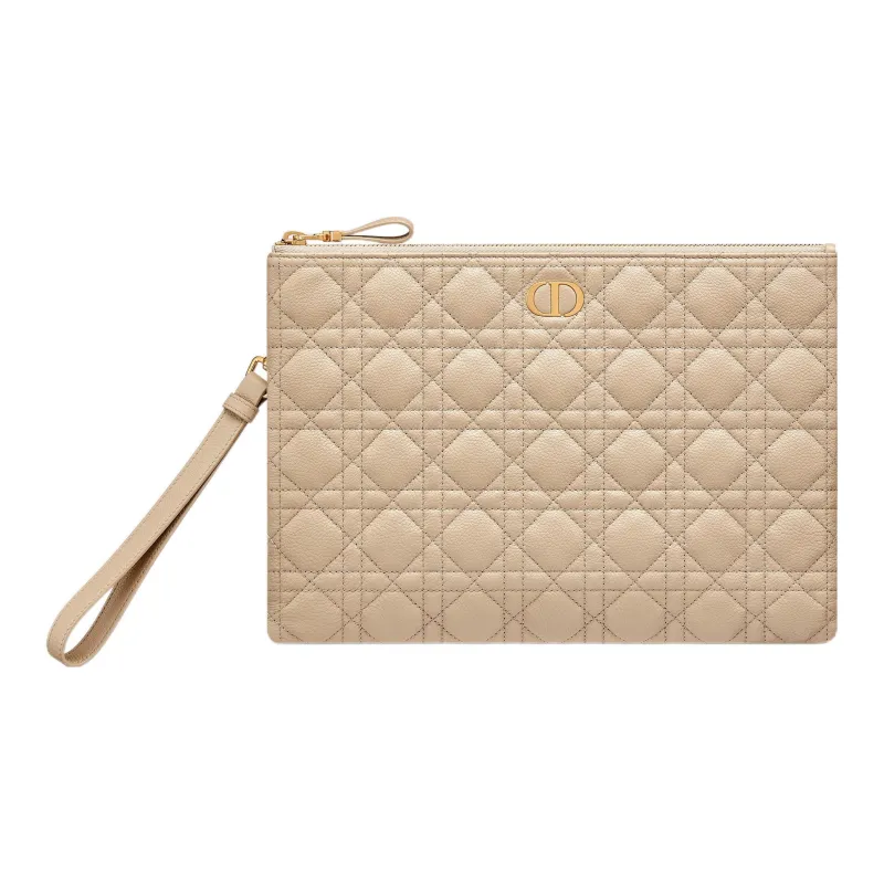 DIOR Caro Calfskin Handbag Clutch Large Size Women's Sand-0