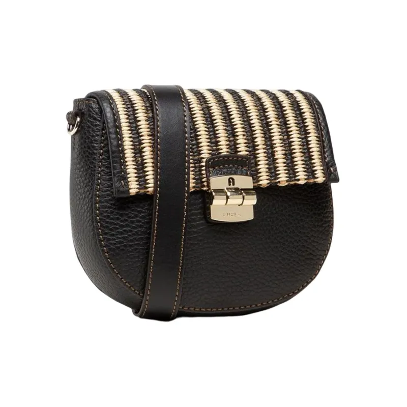 Furla Club 2 Raffia And Grain Cow Leather Combination Crossbody Bag, Shoulder Bag Women's Black-4