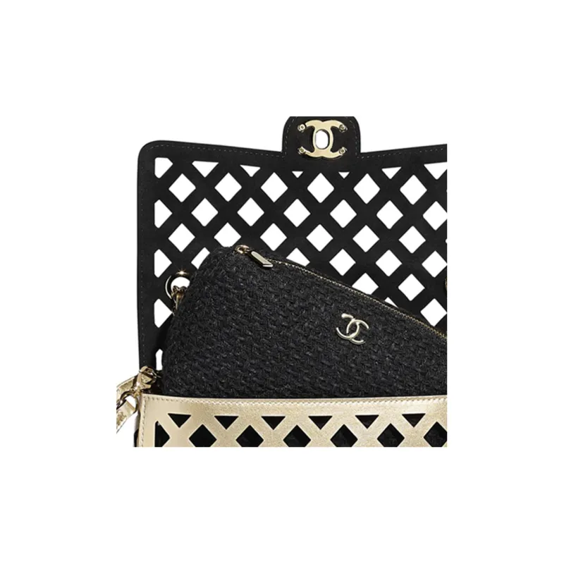 CHANEL Classic Flap CF Calfskin & Print Fabric & Metal Crossbody Bag, Shoulder Bag Women's Gold-3