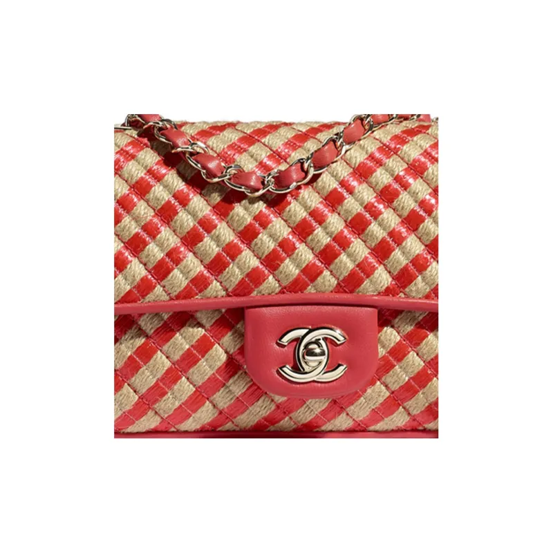 CHANEL Classic Flap CF Raffia Fiber & Metal Crossbody Bag, Shoulder Bag Women's Red-4