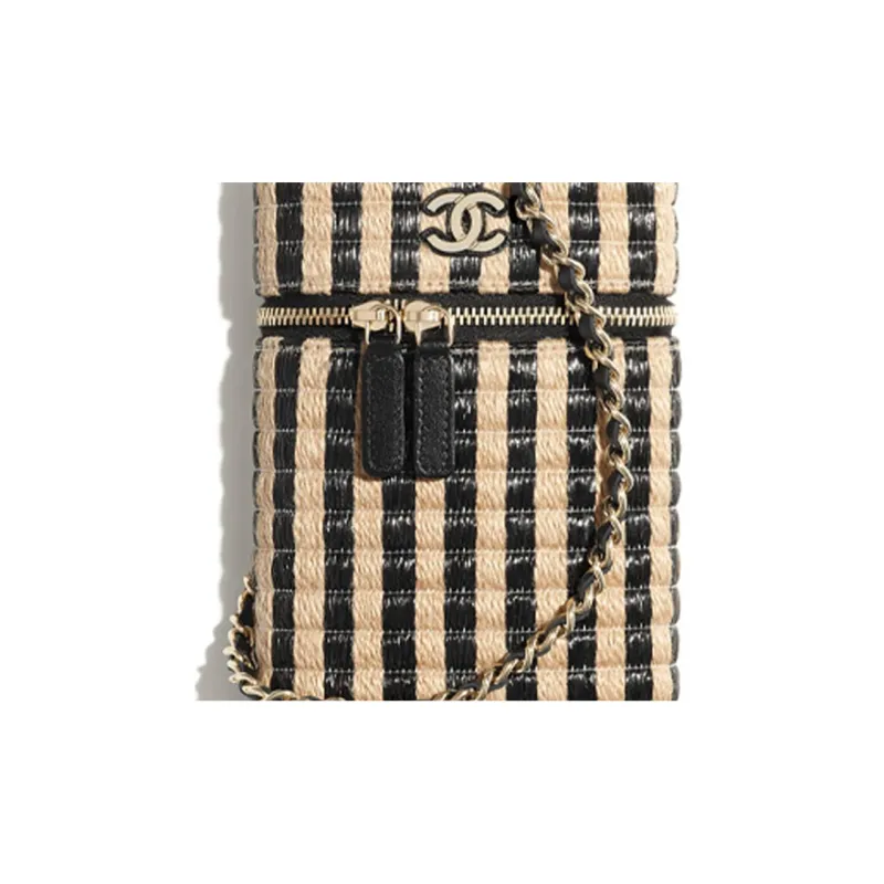 CHANEL Fiber & Yellow Jute Thread & Metal Chain Cell Phone Pouch Women's Black/Beige-4
