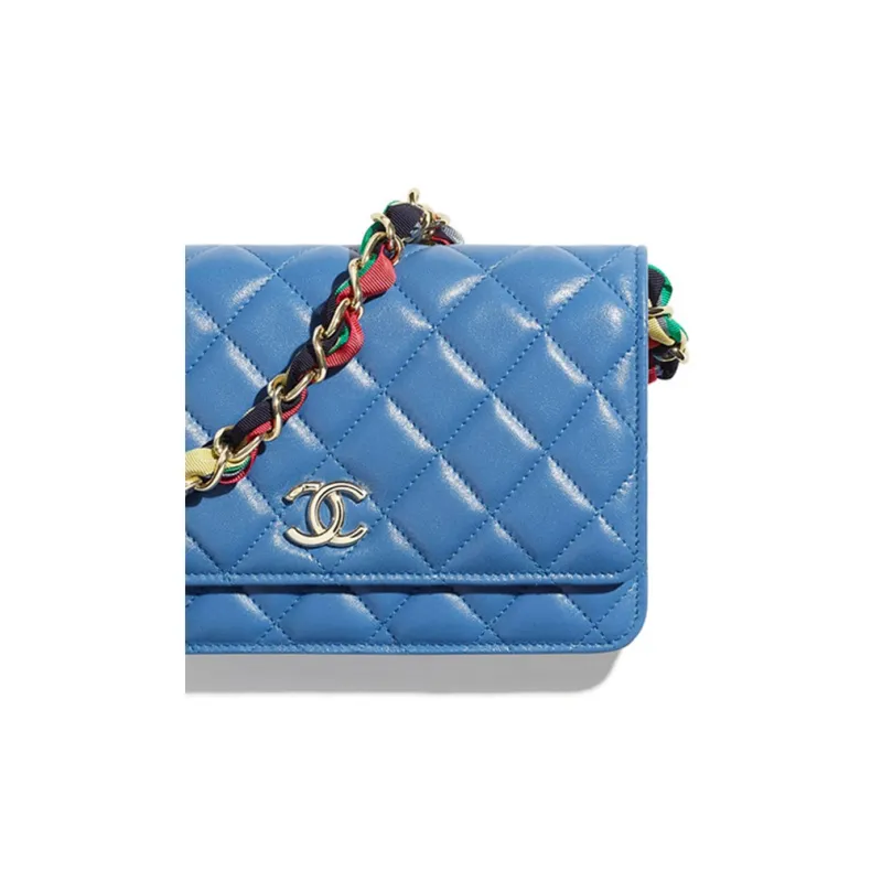 CHANEL Lambskin With Leather Strap Shoulder Bag, Crossbody Bag Women's Blue-4
