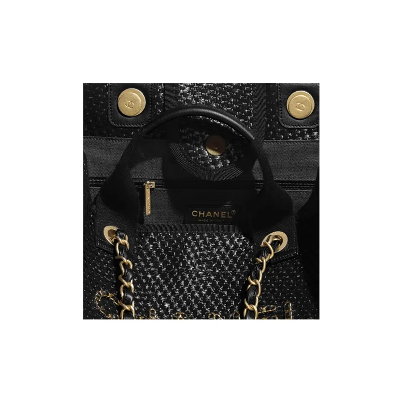 CHANEL Straw Woven & Calfskin & Metal Chain Shoulder Bag, Handbag Women's Black/Gold-2