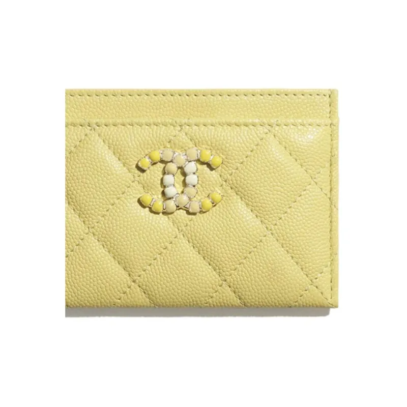 CHANEL Caviar Calfskin And Metal Card Holder Women's Yellow-4