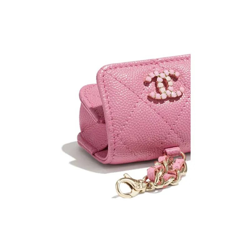 CHANEL Grain Embossed Calfskin With Bright Lacquered Finish Gold Metal Earphone Case Women's Pink-4