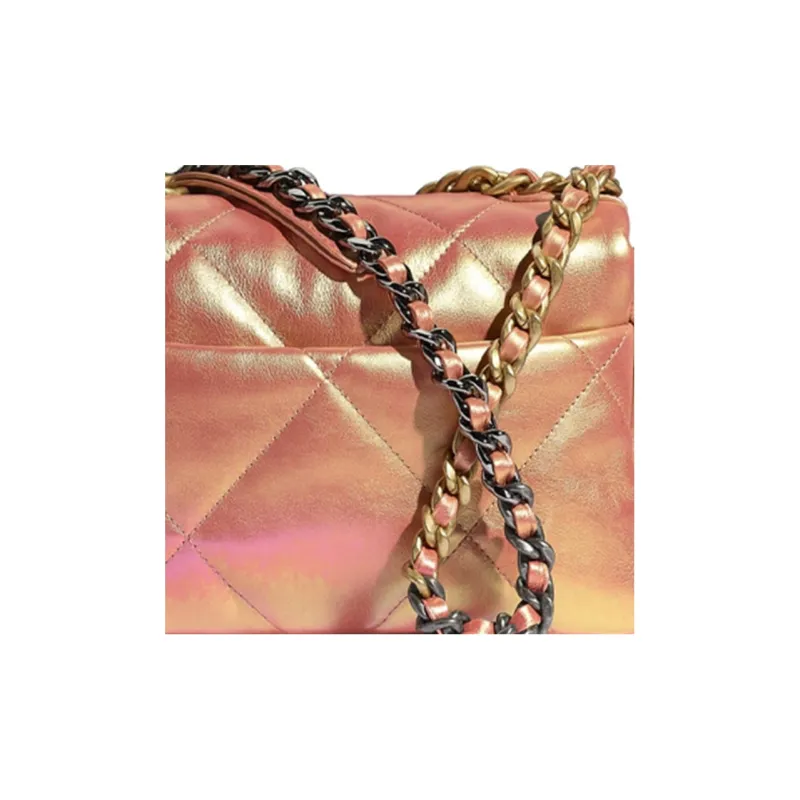 CHANEL 19Bag Iridescent Calfskin Chain Shoulder Bag, Crossbody Bag Trumpets Women's Pink-4
