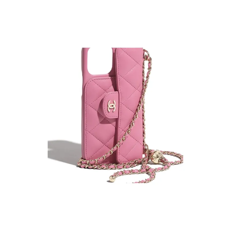 CHANEL Sheepskin & Metal Cell Phone Pouch Unisex Pink-3