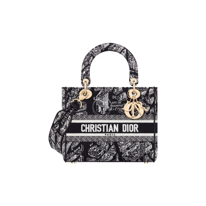 DIOR Lady D Lite Embroidery Lady Dior Bag, Shoulder Bag, Crossbody Bag, Handbag Medium Size Women's Black-0