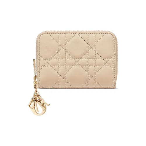DIOR Lady Dior Lambskin Coin Purse Wallet Small Size Women's Sand