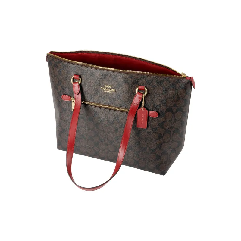 COACH Canvas With Leather Tote Bag Shopping Bag Handbag Shoulder Bag Women's Dark Brown & Red-2