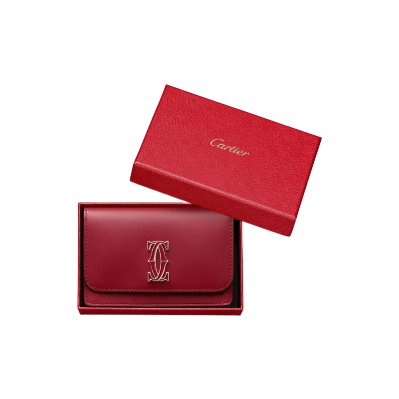 CARTIER Calfskin Card Holder Women's Cherry Red-3