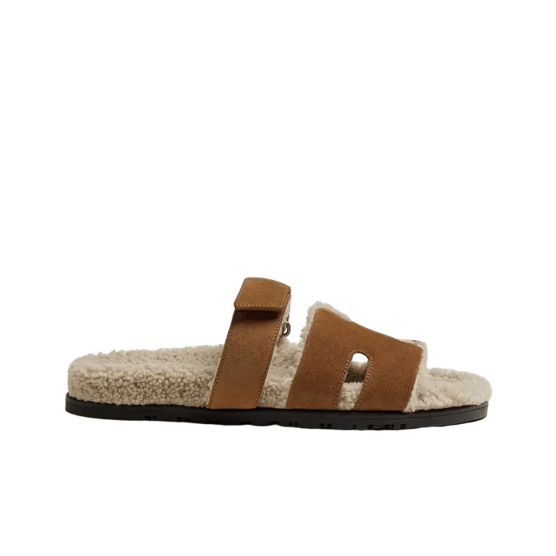 HERMES Chypre Sandal Brun Fume Suede Woolskin M-1