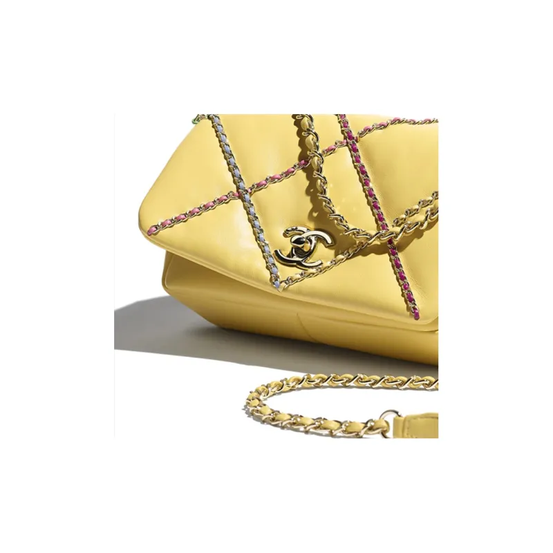 CHANEL 19Bag Lambskin & Metal Crossbody Handbag, Shoulder Bag Tubas Women's Yellow-3
